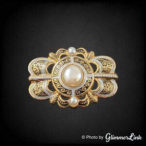 Vintage Ornate Damascene Style Scallop Faux Pearl Gold Tone Brooch